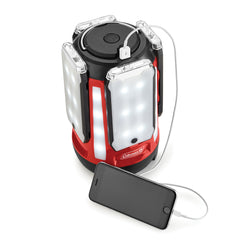 Coleman Quad Panel 800L USB port powers a mobile device during trips