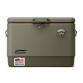 Coleman Reunion 54qt cooler front view shows durable steel belt design for rugged outdoor use