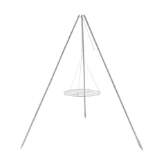 Coleman Tripod grill over campfire with adjustable height for even cooking
