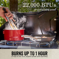 Dual wind guards protect burners for stable cooking outdoors.