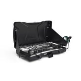 Coleman Triton two-burner stove packed for travel, compact and secure.