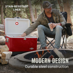 Coleman Vintage 54qt cooler with steel belt and red exterior, a stylish party centerpiece.