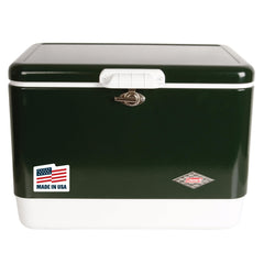 Coleman Vintage 54qt steel belted cooler lid for secure transport and seating.