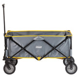 Coleman wagon highlights durable polyester bin with steel frame for rugged outdoor use.