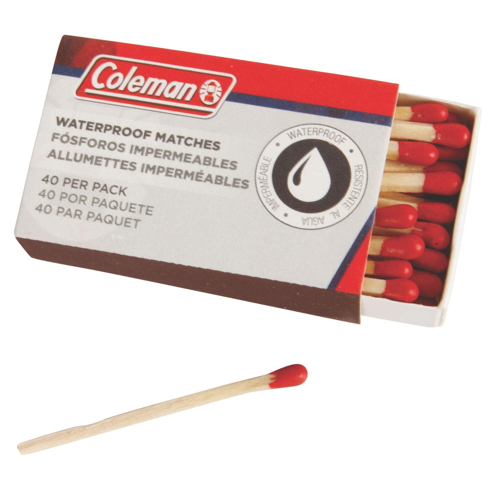 Coleman waterproof matches box front for rainproof campfire lighting
