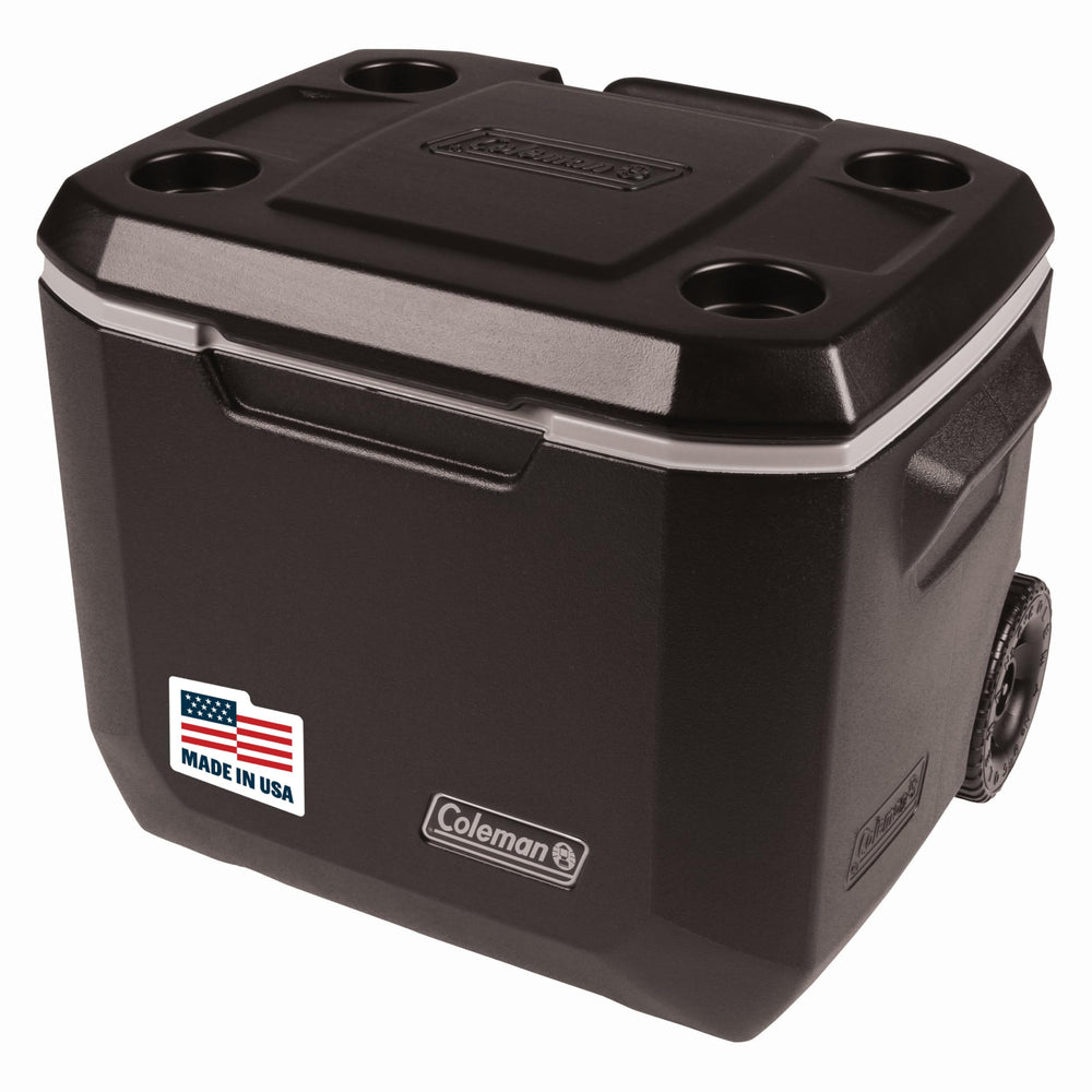 Coleman Xtreme 50qt wheeled cooler for easy transport on outdoor trips.