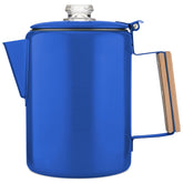 COLETTI Bozeman blue percolator front view shows stainless steel and glass top for watching the brew