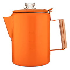 COLETTI Bozeman orange percolator top view highlights durable stainless steel for bold camp coffee.