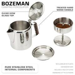COLETTI Bozeman on stovetop demonstrates outdoor-ready percolation for camp mornings.