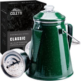 COLETTI Classic percolator in green enamel exterior prepares bold campfire coffee