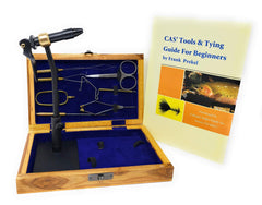 Colorado Anglers Fly Tying Kit with wooden box and book, featuring rotary vise and essential tools