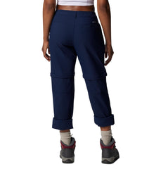 Columbia Leslie Falls pants side view highlights lightweight stretch for trail comfort.