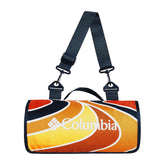 Columbia packable tote blanket open shows compact tote and warm fleece for travel comfort.