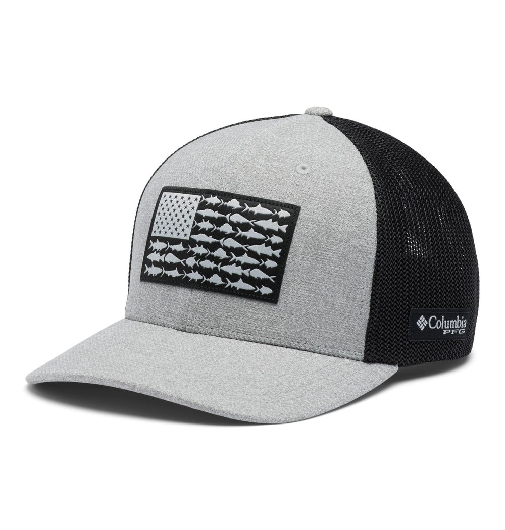 Columbia PFG Fish Flag Mesh Ball Cap high crown in cool grey heather offers all-day comfort.