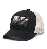 Columbia PFG Fish Flag mesh snap-back cap front view, breathable sun protection.