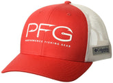 Columbia Unisex PFG Hooks Mesh Snap Back Hat - Front view in Red Spark/White
