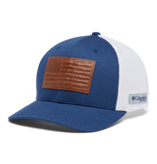 Columbia PFG Leather Fish Flag mesh cap, front view, breathable sun-ready cap.