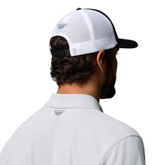 Columbia PFG Mesh 3D Stretch Snap Back, close-up bill, lasting curve and stitching.