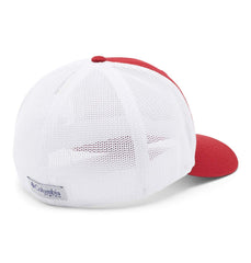 Columbia PFG mesh ball cap back view in Ark Red Velvet, ventilated design for all-day wear