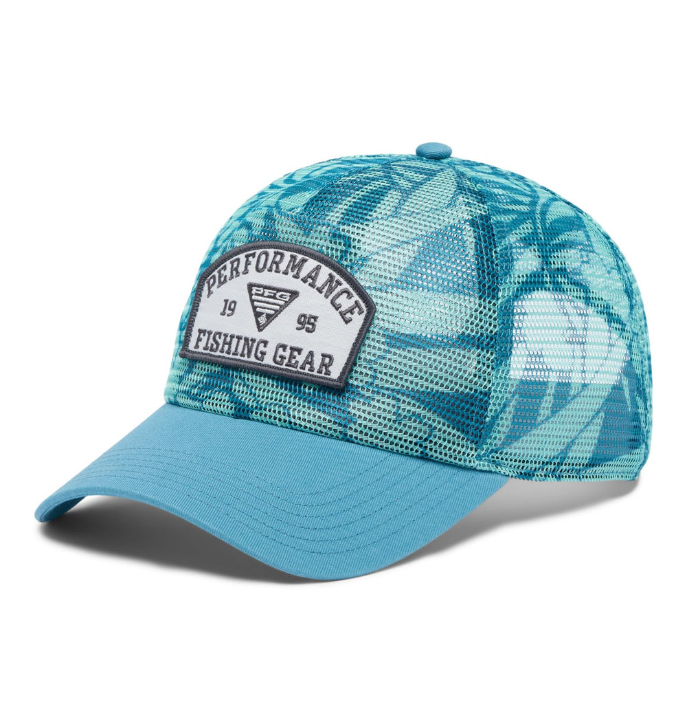 Columbia PFG tie-down mesh snap back in canyon blue tropictones offers breathable sun protection on the water.