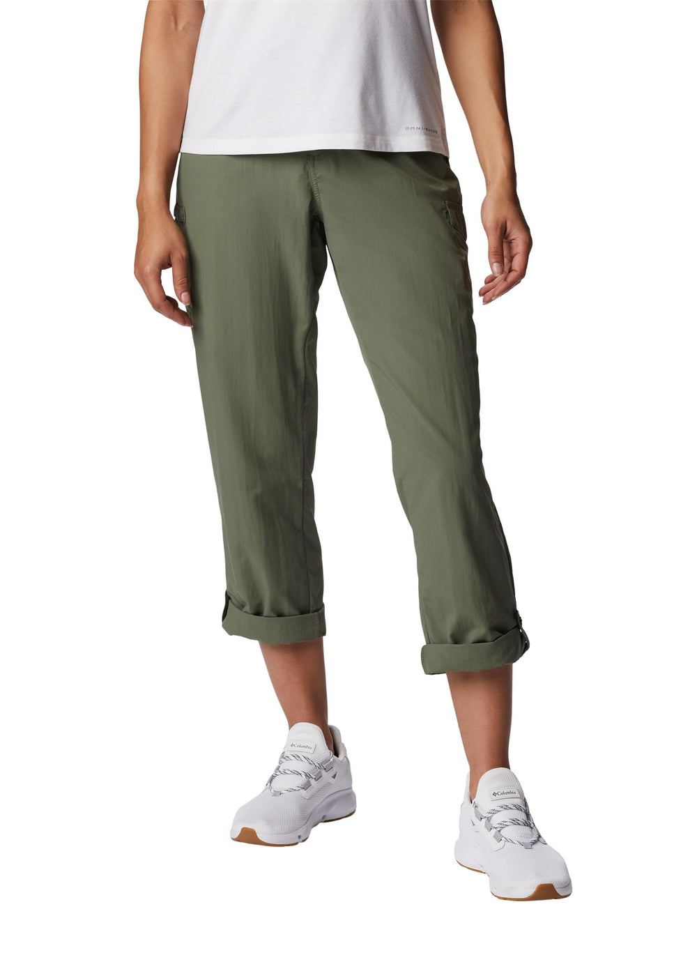Columbia women's capri roll-up style demonstrates adaptable length for hiking or travel.
