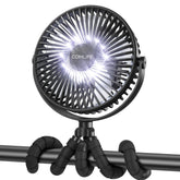 COMLIFE camping fan with LED lantern clipped for portable cooling.