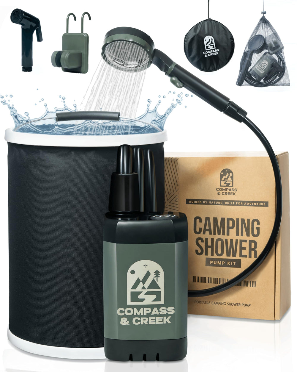 Compass & Creek portable camping shower pump in use provides strong rinse on trail.