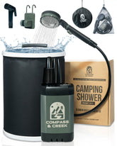 Compass & Creek portable camping shower pump in use provides strong rinse on trail.