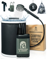 Compass & Creek portable camping shower pump in use provides strong rinse on trail.