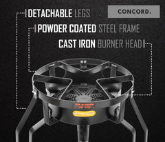 Concord Banjo high-pressure regulator with CSA-certified hose ensures safe operation.