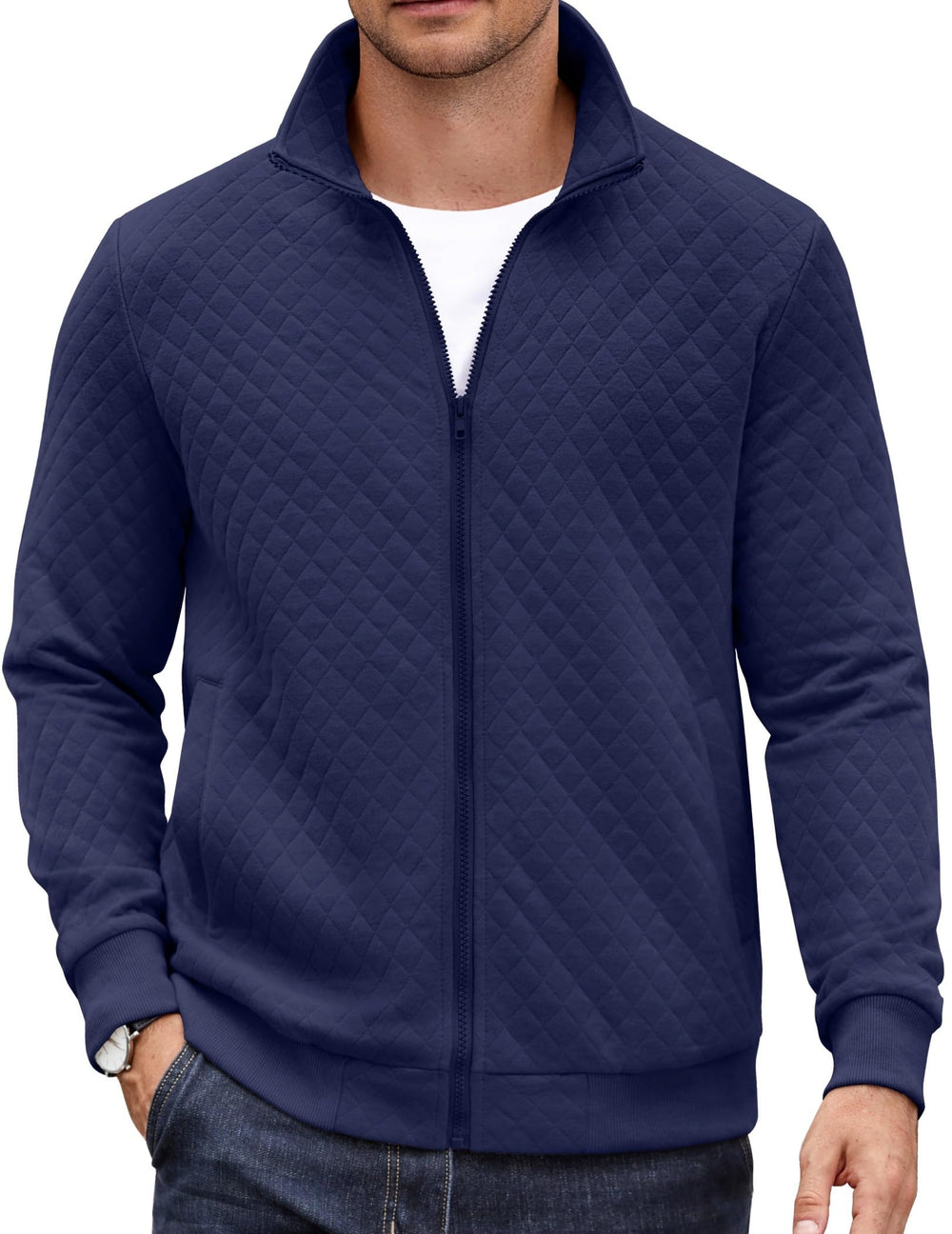 COOFANDY quilted full-zip sweatshirt front view offers lightweight warmth for easy layering