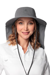 Coolibar Sun Hat with Neck Drape on a sunny boat outing.