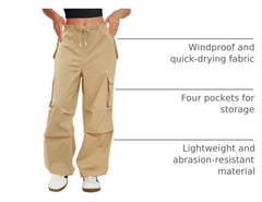 COPYLEAF cargo pants waist adjustment view with elastic drawstring for fit versatility.