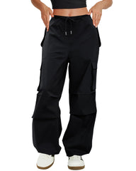 CopyLeaf cargo pants front view shows low waist and wide leg for relaxed street style.