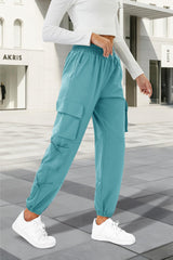 Copyleaf womens parachute cargo pants lake blue side view showcases six secure pockets for essentials