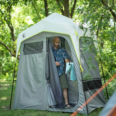 CORE shower tent rainfly demonstrates weather protection for outdoor use.