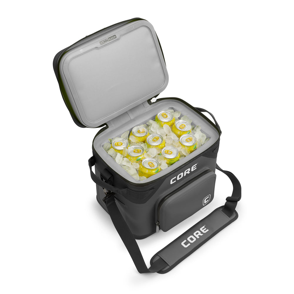 CORE magnetic-seal 18-can soft cooler front view keeps contents secure and cold on trips