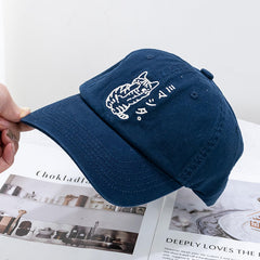 CORIRESHA cute cat Japanese embroidery baseball cap side view, stylish retro vibe for any look.