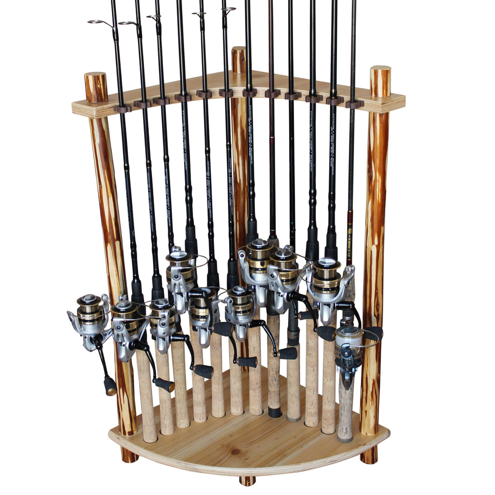 Corner Log 12 Fishing Rod Rack rustic pine finish front view
