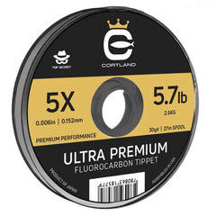 Cortland Ultra Premium Fluorocarbon Tippet pack demonstrates knot strength and abrasion resistance for trout fishing