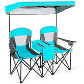Costway double camping chair with canopy offering shade for outdoor relaxations.