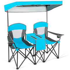 Costway double camping chair with canopy provides adjustable sun protection for outdoor lounging.