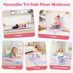 Costzon tri-fold nap mat used as a cozy floor chair for reading.