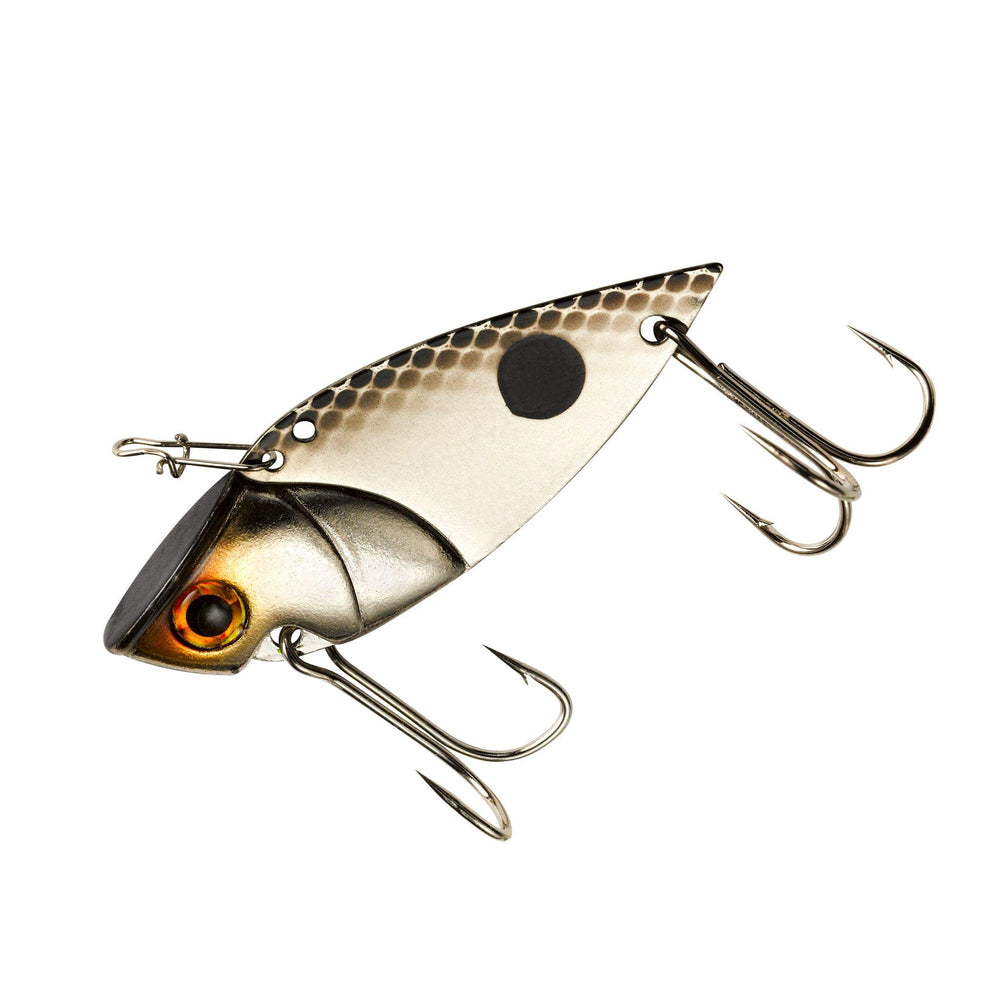 Cotton Cordell Gay Blade chrome-black 2in front view delivers tight wiggle and bass-ready flash.