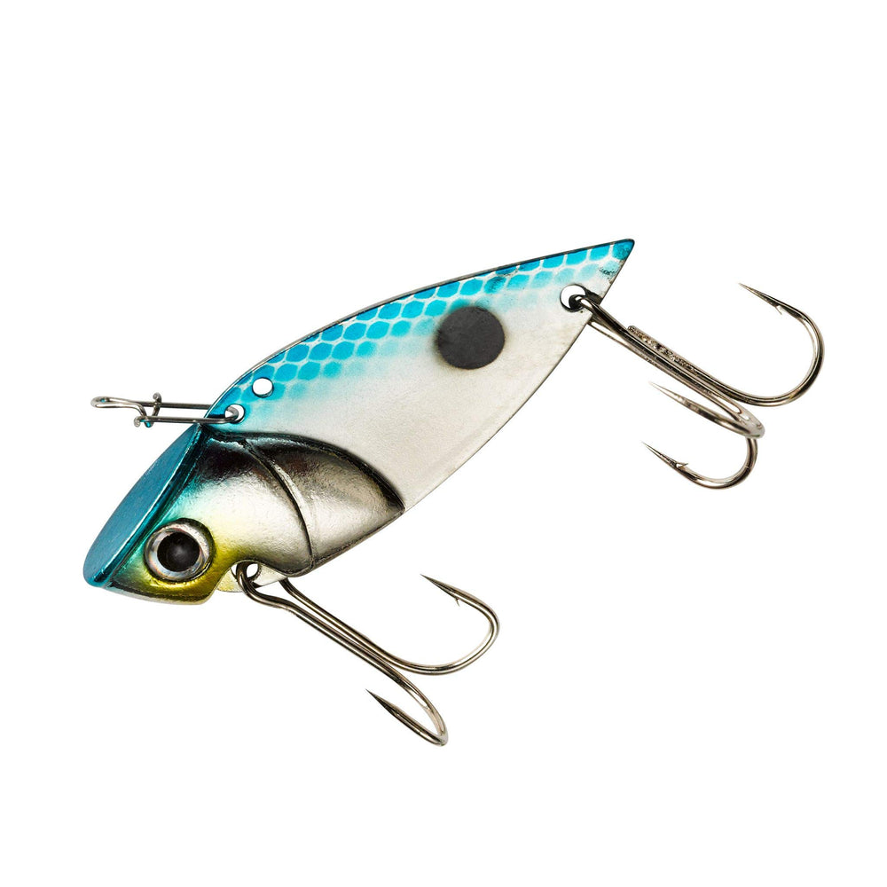 Cotton Cordell Gay Blade chrome blue 2in front view highlighting baitfish flash for bass and panfish.