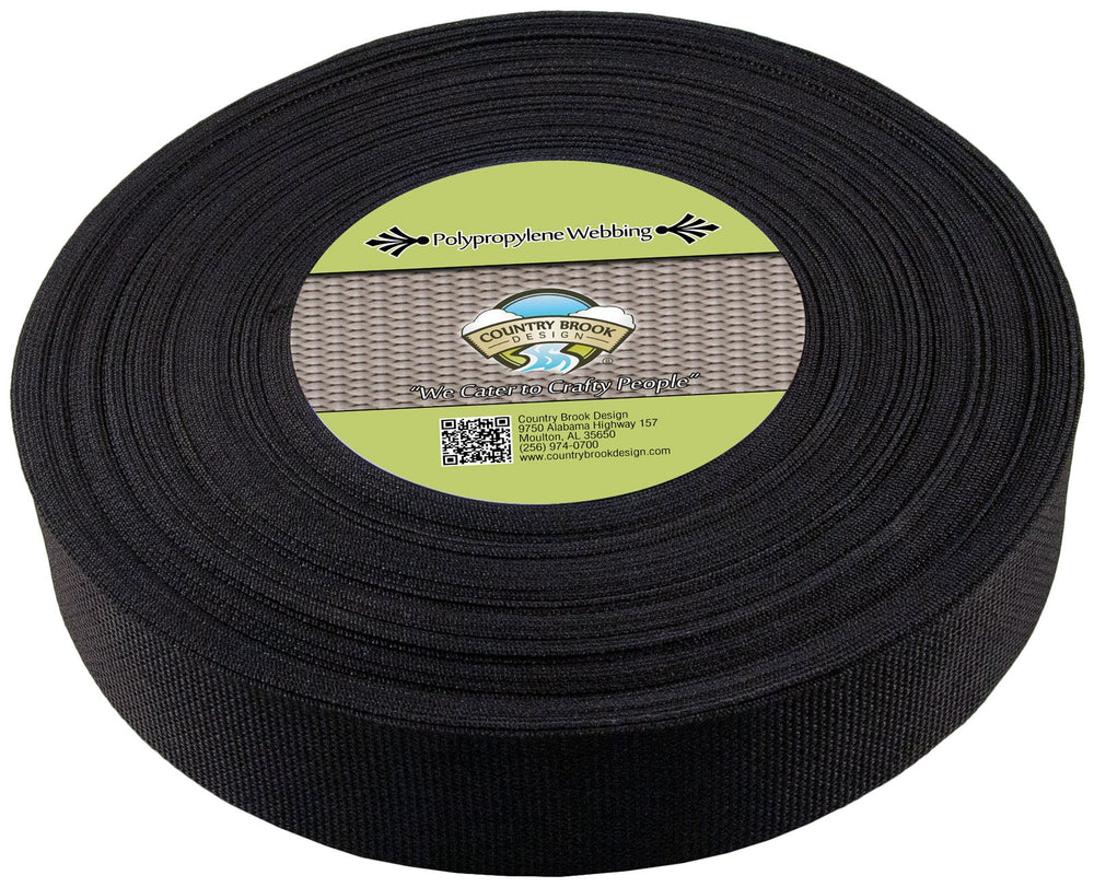 Country Brook Design 2-inch black polypro webbing, ideal for outdoor bags and gear securing