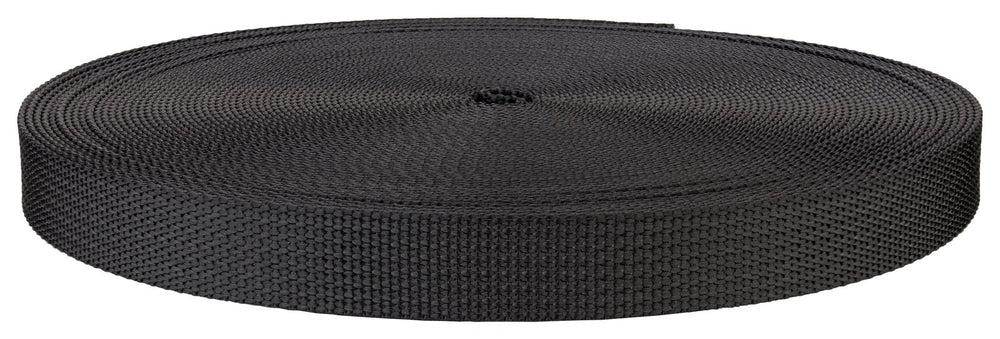 Country Brook Design 3/4 inch black polyester webbing, durable for harnesses and outdoor straps.