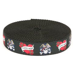 Country Brook Design I Love Mom ribbon on black nylon webbing for durable crafts.