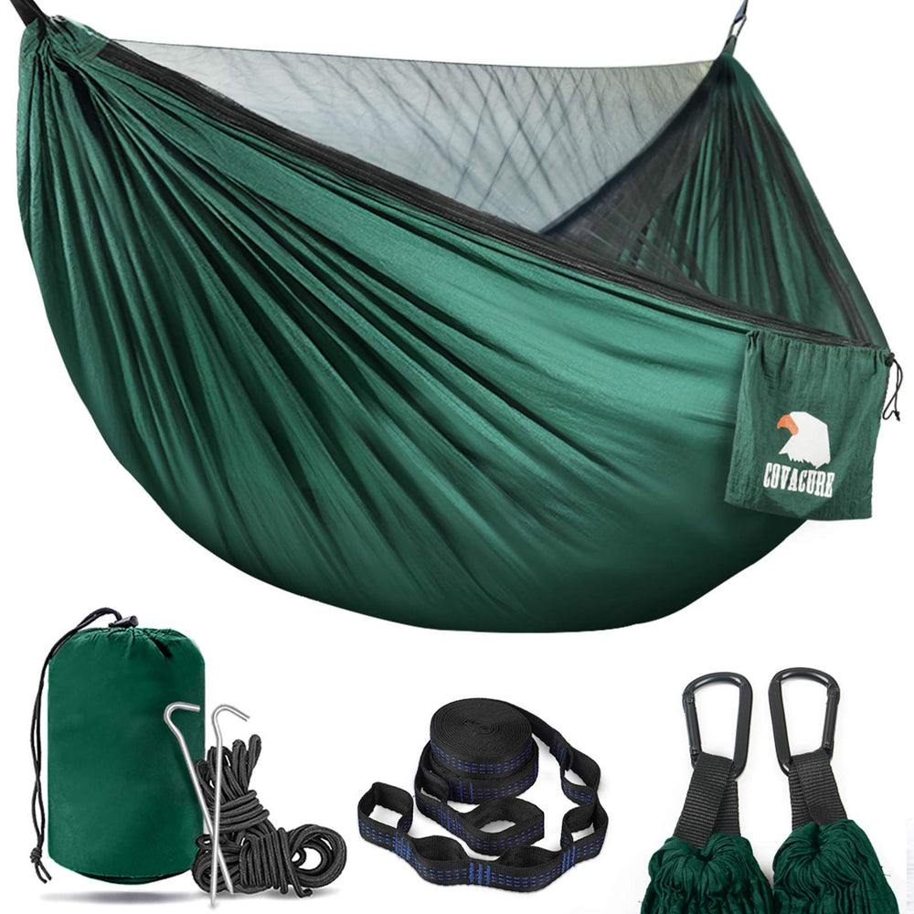Covacure camping hammock features tear-resistant parachute nylon for rugged outdoor use.