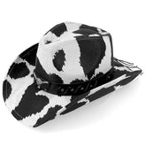 Front view of cow print straw cowboy hat with metal bull head hatband